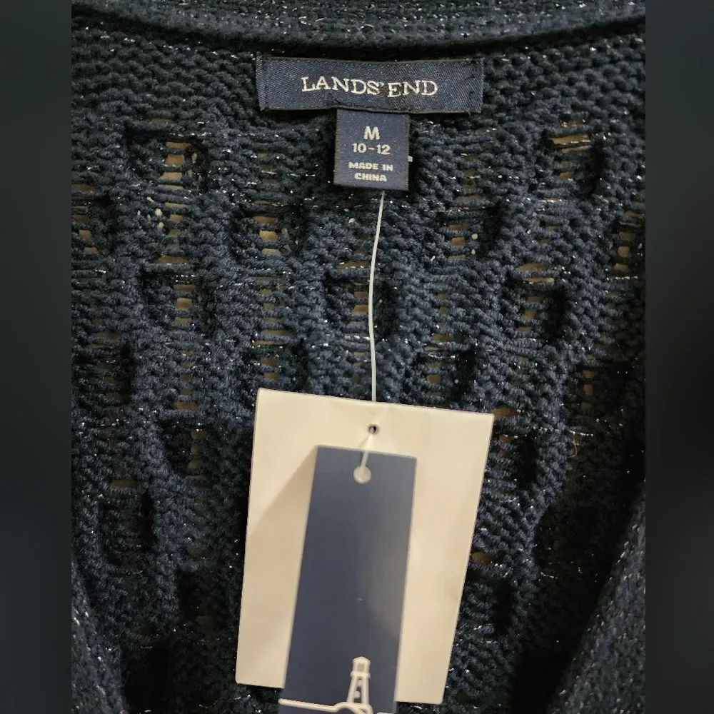 NEW! LANDS END navy blue/silver button down cardigan, chunky knit, size M/10-12